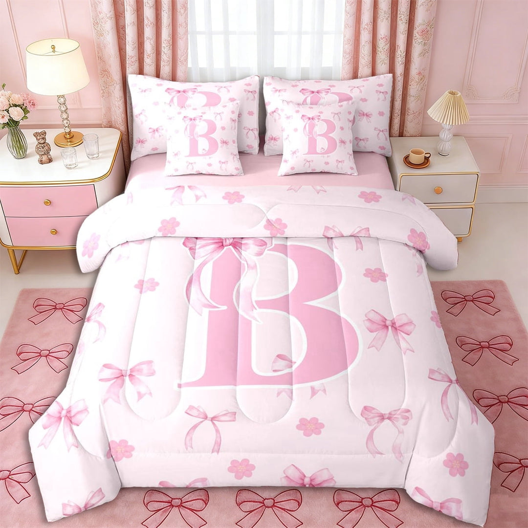 Erosebridal Pink Bowknot Personalized Initial B Twin Bedding Sets 7-Piece,Japanese Style Sakura Bedding Comforter Set,Pink Reversible,Lightweight Room Decor