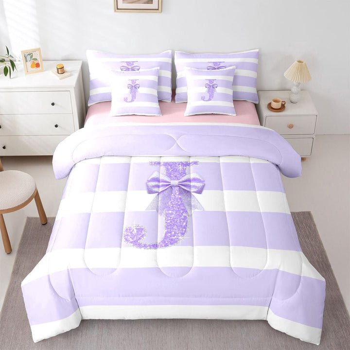 Erosebridal Teens Ribbon Bow Knot Geometric Stripes Twin Bedding Sets 7-Piece,Bling Glitter Print J Personalized Initial Bedding Comforter Set For Children Boys Girls,Pink Reversible