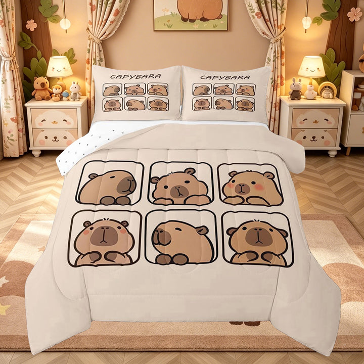 meiyoeat Cute Capybara Animal Full Size Comforter Sets for Kids Girls, Kawaii Cartoon Style Bedding Comforter Set, Beige, Reversible, 3-Piece