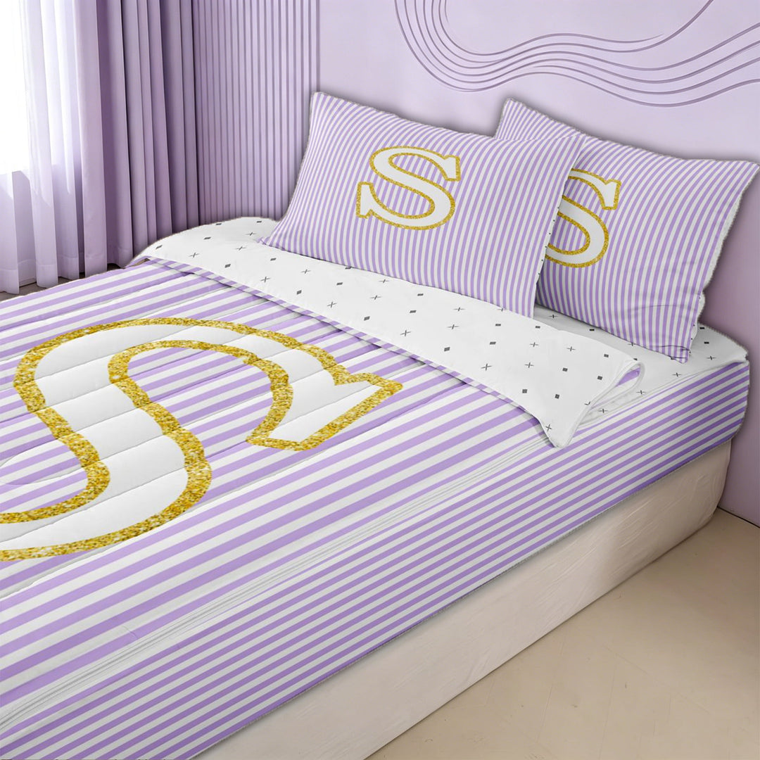 meiyoeat Gold S Monogram Zipper Full Size Comforter Sets with Fitted Sheet and 2 Pillowcases for Kids Girls Women, Purple Stripes Zipper Bedding Set for Bedroom, ReversibleG