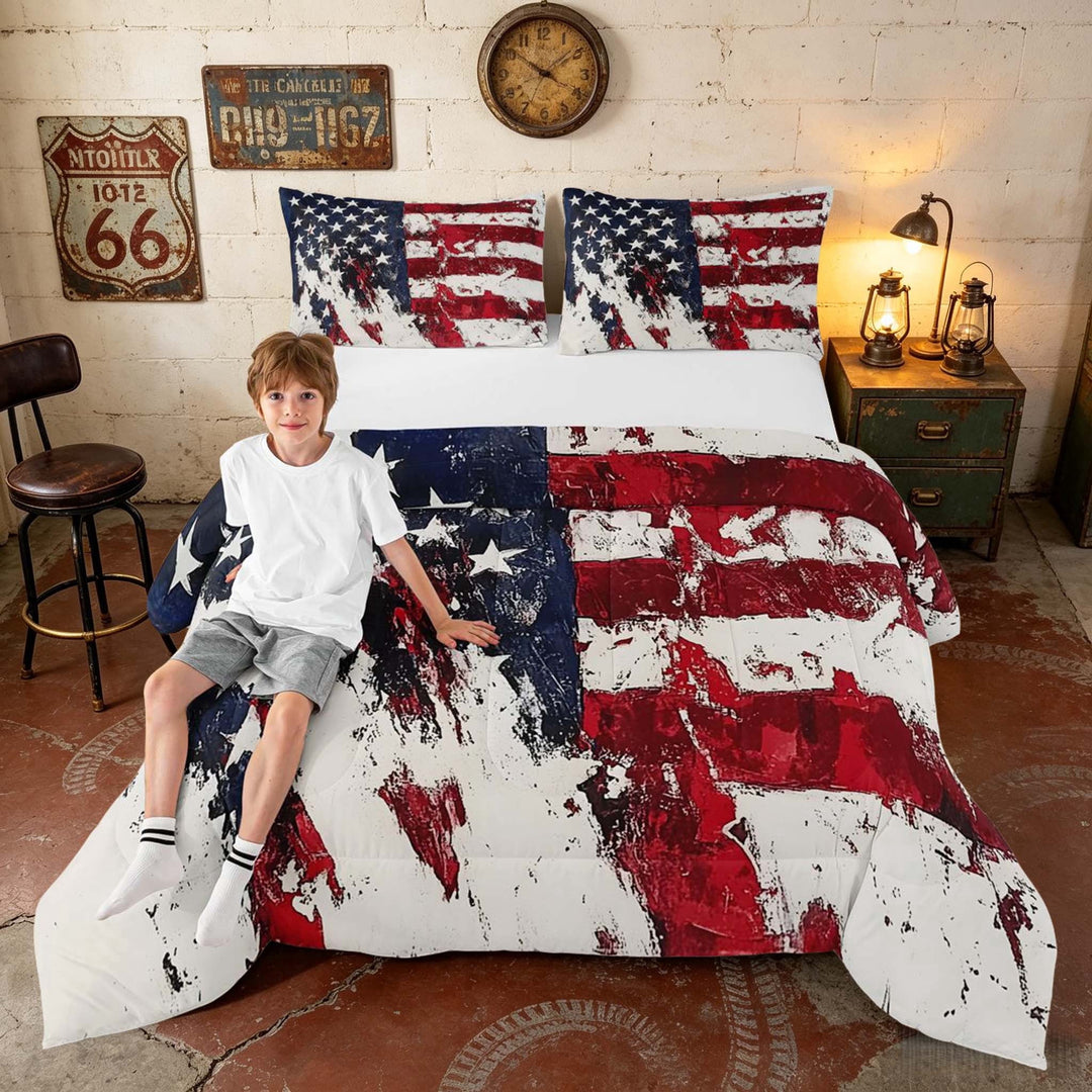 Manfei Grunge American Flag Full Size Comforter Sets, Independence Day Gift Bedding Comforter Set, Red White Blue, Black Reversible 3pcs, 1 Comforter and 2 Pillowcases