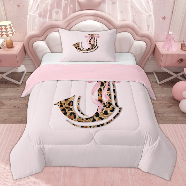 Erosebridal Leopard Print Letter J Twin Comforter Sets for Kids, Princess Bowknot Bedding Set, 2-Piece