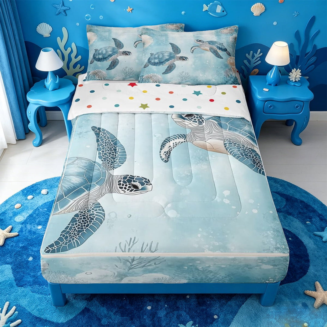 meiyoeat Sea Turtle Zipper Full Size Comforter Sets with Fitted Sheet and 2 Pillowcases For Boys,Watercolor Blue Coral Zipper Bedding Set For Kids,Polkadot Reversible,4-Piece