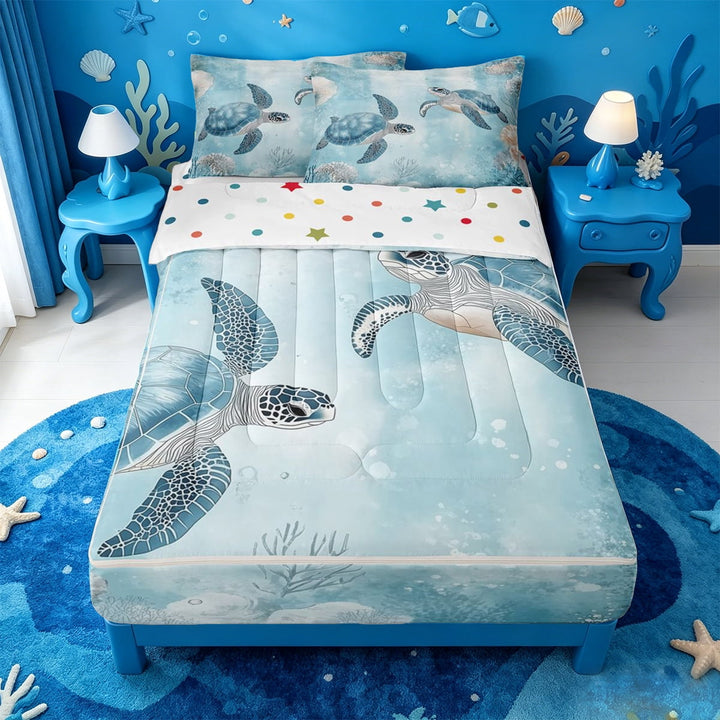 meiyoeat Sea Turtle Zipper Full Size Comforter Sets with Fitted Sheet and 2 Pillowcases For Boys,Watercolor Blue Coral Zipper Bedding Set For Kids,Polkadot Reversible,4-Piece
