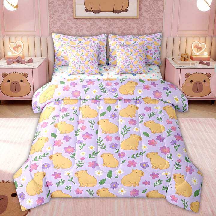 Erosebridal Cute Capybara Animals Kid Twin Bedding Sets, Purple Flower Leaf Bedding Comforter Set, 7-Piece