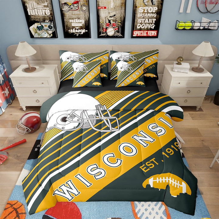 Football Sports Comforter Sets Twin Size, American Football City Bedding Bed In A Bag(Comforter+Fitted+Flat Sheet+2 Pillowcases+2 Throw Pillow Covers) 7 Pieces Sports Bed Set, Wisconsin