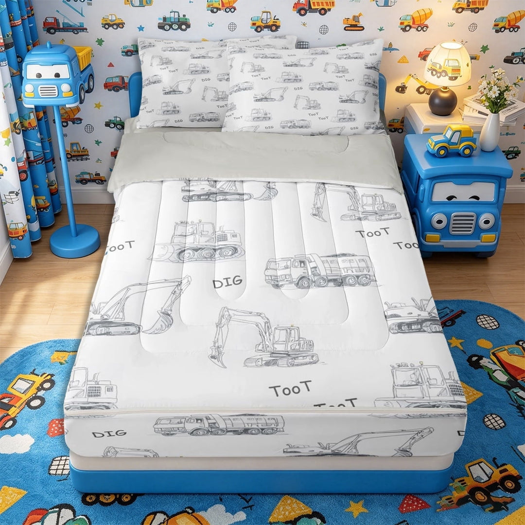 meiyoeat Sketch Construction Truck Zipper Twin Comforter Sets with Fitted Sheet and 2 Pillowcases,Doodle Dig Print Zipper Bedding Set for Bedroom,Gray White,Reversible