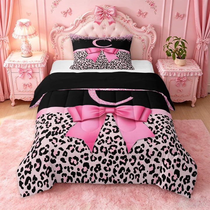 Erosebridal Girly Bow Twin Comforter Sets For Kids,Chic Sequin Print Letter C Monogrammed Bedding Set,Black Reversible,2-Piece