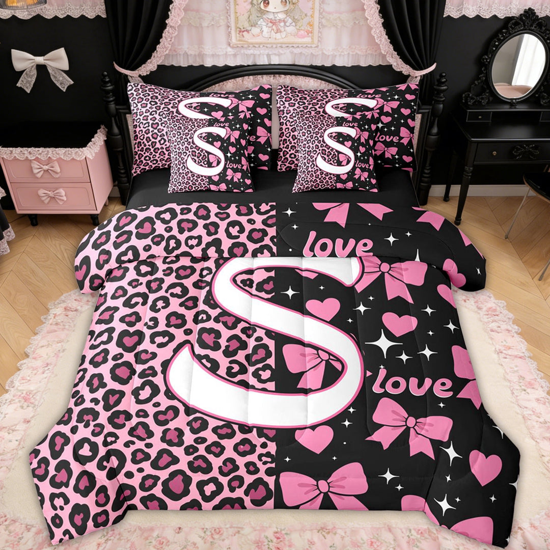 Erosebridal Leopard Print Bow Letter S Twin Bedding Sets for Girls, Pink Initial Ribbon Bedding Comforter Set, Black Reversible, 7pcs
