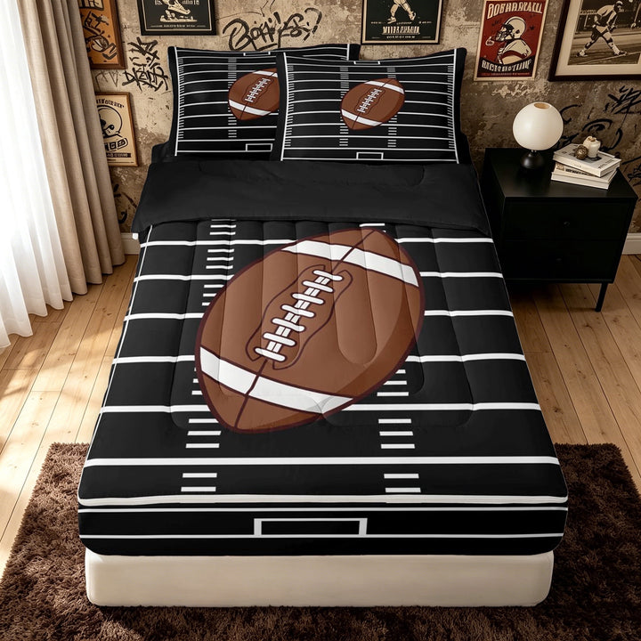 meiyoeat Simple Football Zipper Twin Comforter Sets with Fitted Sheet and 2 Pillowcases for Boys, Pitch Ball Sport Zipper Bedding Set, Black Brown, Black Reversible, 4 Pieces