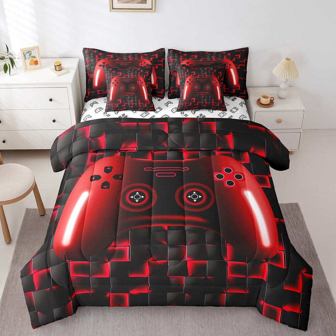 Erosebridal Twin Gaming Bedding Sets Red Game Console 3D Black Gamer Comforter Set 7 Piece For Teen Lightweight Geometric Gamepad Bed In A Bag Bedroom Decor Red Black