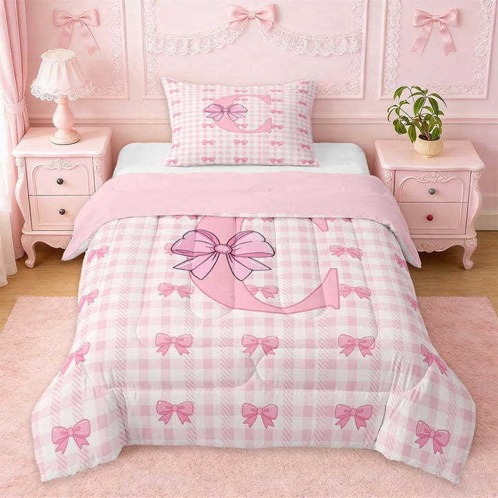 Erosebridal Pink Buffalo Plaid Twin Comforter Sets For Kids,Initial Letter C Monogrammed Bedding Set For Bowknot Lover,Pink Reversible,2 Pieces