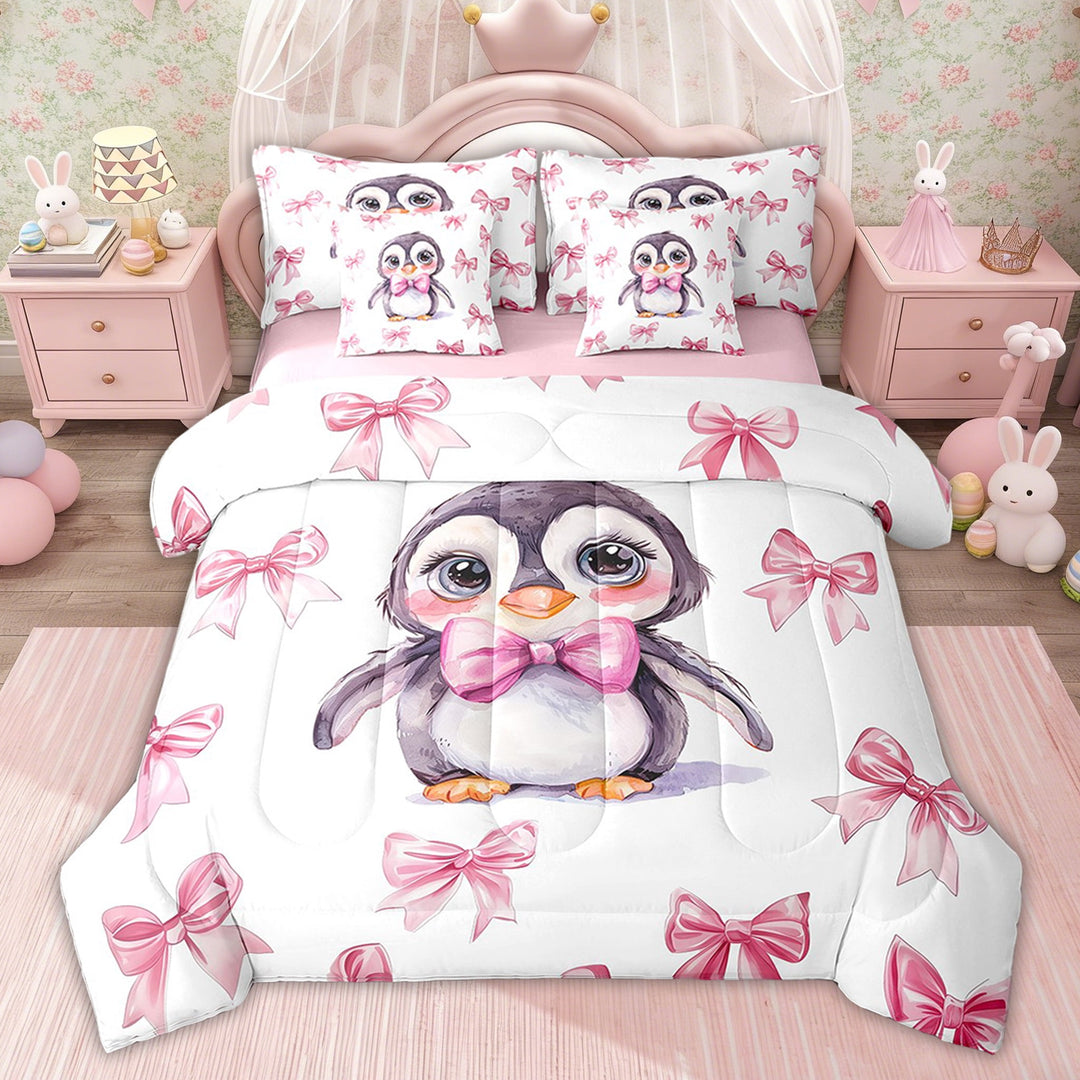 Erosebridal Pink Bow-Tie Bedding Twin Comforter Set, Penguin Down Comforter, Cartoon Wildlife Decor, Pink Reversible 7pcs