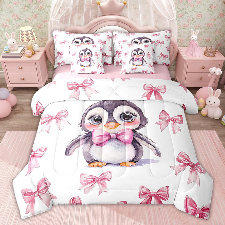 Erosebridal Pink Bow-Tie Bedding Twin Comforter Set, Penguin Down Comforter, Cartoon Wildlife Decor, Pink Reversible 7pcs