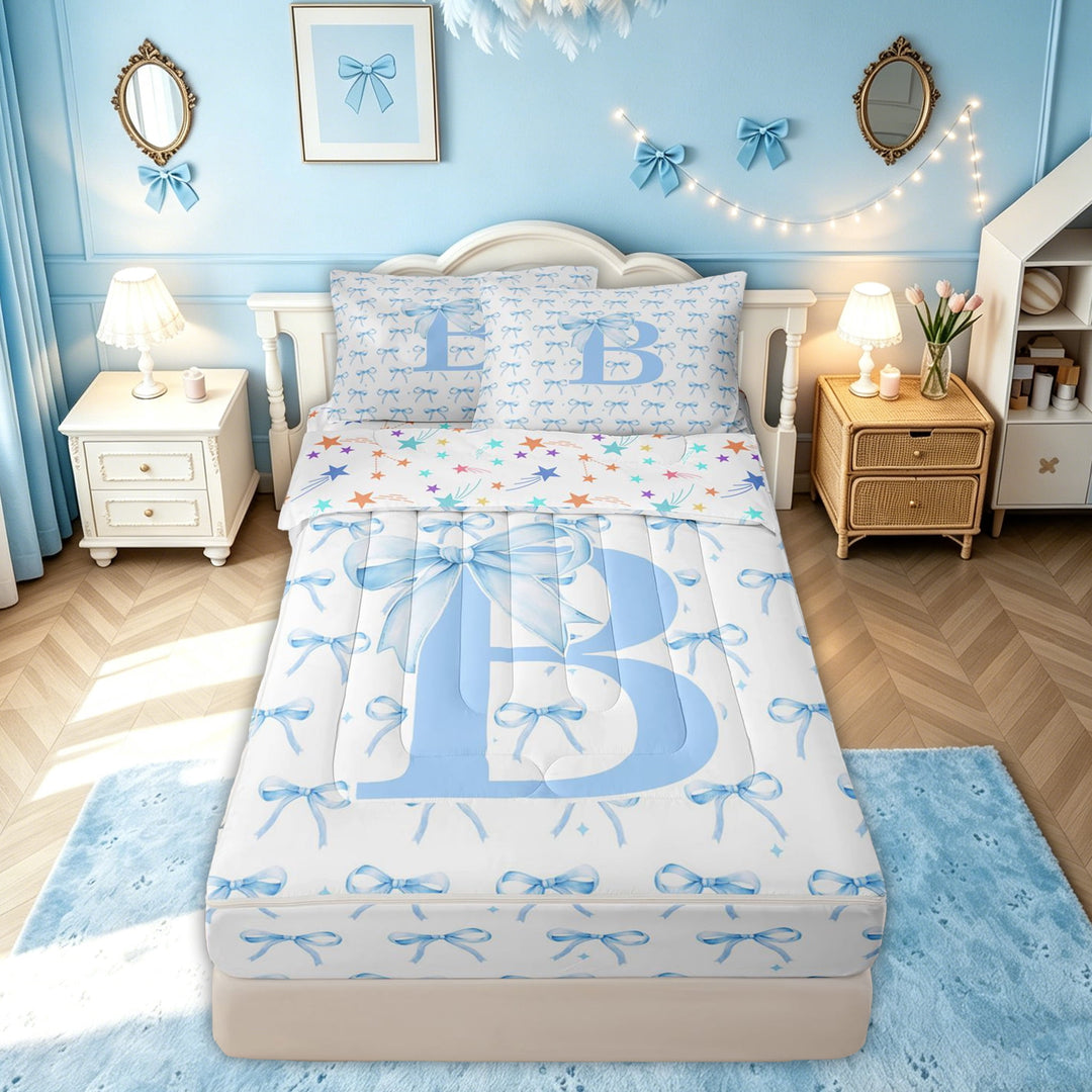 meiyoeat Cartoon Bow Letter B Zipper Comforter Set with Fitted Sheet and 2 Pillowcases for Kids Girls, Aesthetic Print Zipper Bedding Set, Blue, Colorful Star Reversible, 3-Piece