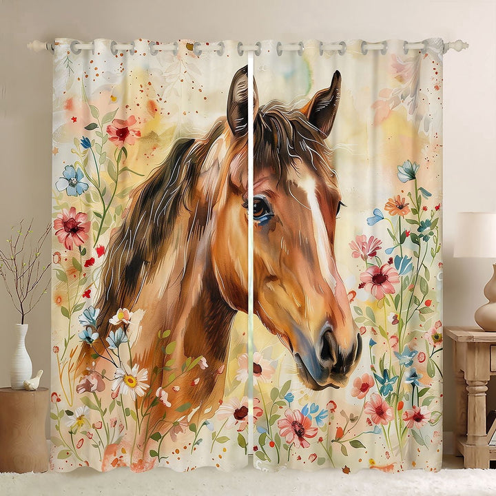 Erosebridal Watercolor Horse Black Out Curtains, Colorful Garden Floral Curtains Pack of 2 (42x63 Each)