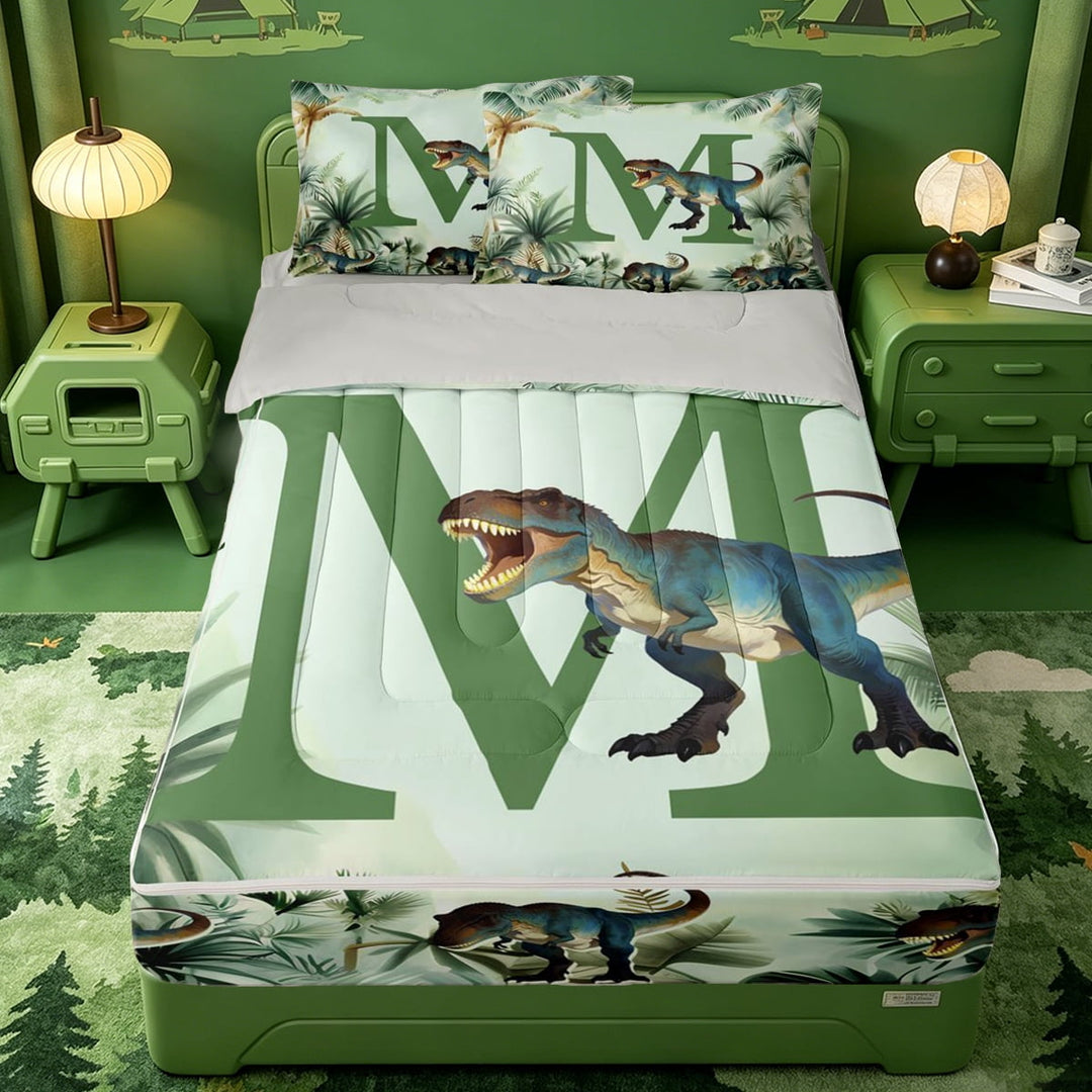meiyoeat dinosaur Initial M Zipper Twin Comforter Sets with Fitted Sheet and 2 Pillowcases,Jungle Dino Print Zipper Bedding Set,Light Gray Reversible,4-Piece
