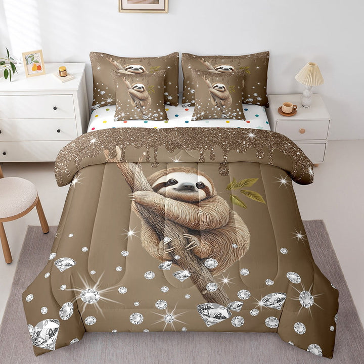 Erosebridal 3D Sloth Bedding Twin Size, Chic Glitter Print Bed in a Bag Twin size, Jungle Wildlife Decor, Reversible