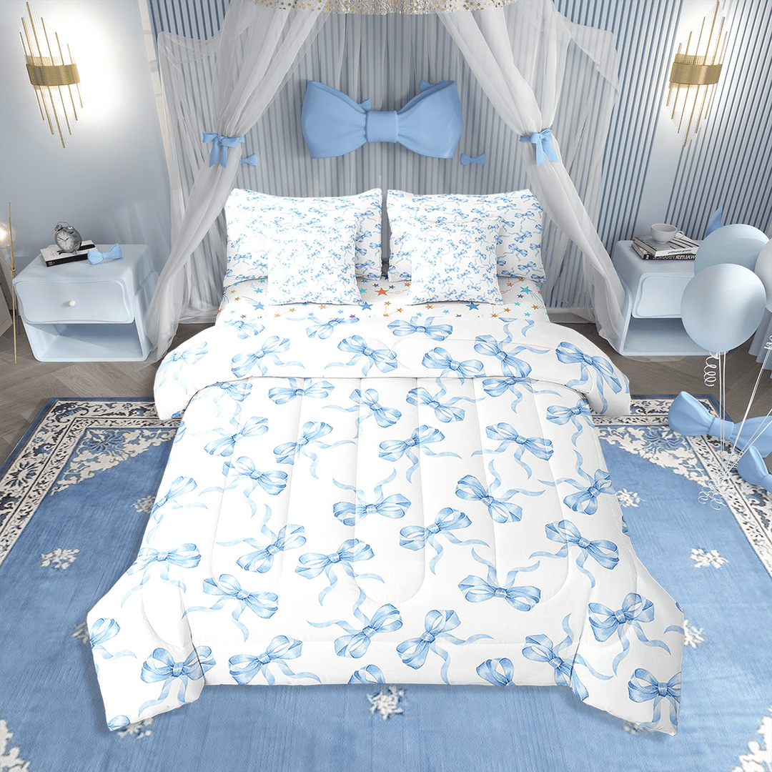 Erosebridal Kawaii Bow Tie Bedding Sets Twin Size,Blue Bowknot Comforter Sets with Sheets,Cute Room Decorative,7-Piece