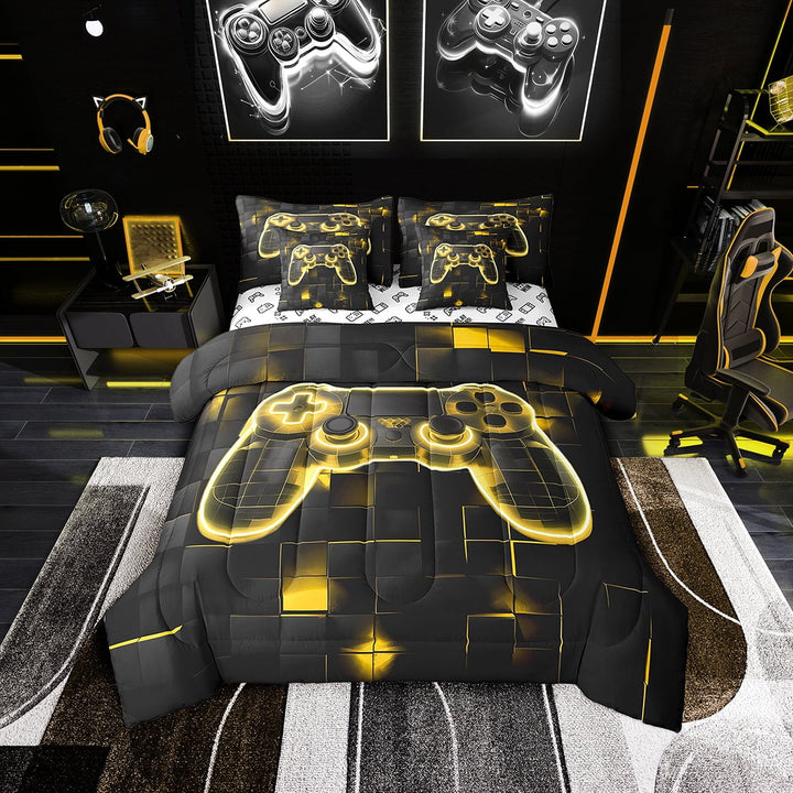 7 Piece Bed in A Bag Twin Bedding Sets ,Neon 3D Gaming Comforter Sets ,Geoemtric Bed Sets ,Gamer Bedding Sets , Twin Reversible Bed Sets with Sheet Set