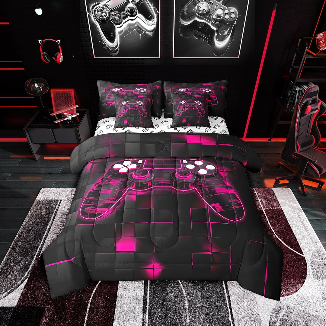 Game Twin Bedding Sets Gaming Bed in a Bag 7 Piece,Antique Pink Gamer Bed Set,Glowing Neon Lights Gamepad Duvet Set,Geometric Plaid Lattice Down Comforter Reverse