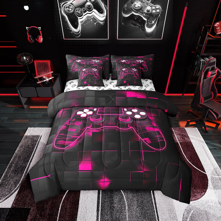 Game Twin Bedding Sets Gaming Bed in a Bag 7 Piece,Antique Pink Gamer Bed Set,Glowing Neon Lights Gamepad Duvet Set,Geometric Plaid Lattice Down Comforter Reverse