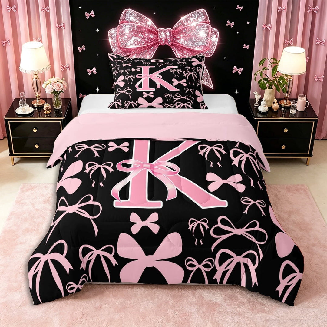 Erosebridal Ribbon Bow Knot K Personalized Initial Twin Comforter Sets 3-Piece,Black Pink Bow Tie Bedding Set,Pink Reversible,Lightweight Room Decor