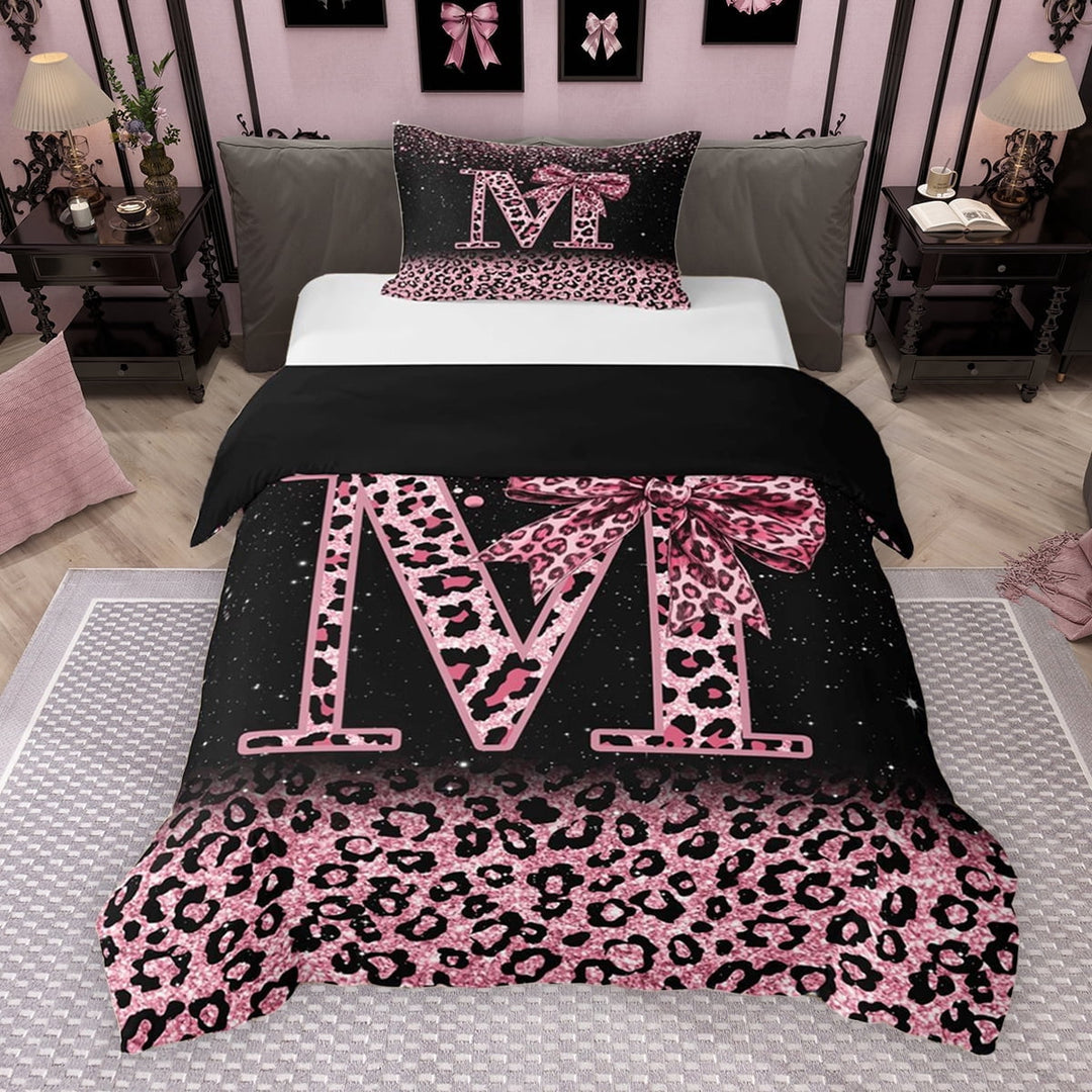 Erosebridal Cute Pink Leopard Print Twin Bedding for Girls, Bowknot Letter M Duvet Cover Set, Black Reversible 2pcs, 1 Duvet Cover and 1 Pillowcase (No Comforter)