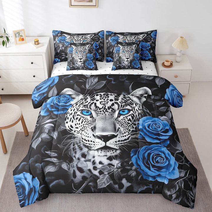 Leopard Sheet Set Cheetach Print Bedding Set Full Size Rose Flower Comforter 7 Pieces Wildlife Animals Fitted Sheet Adults Bedroom Decor,Blue