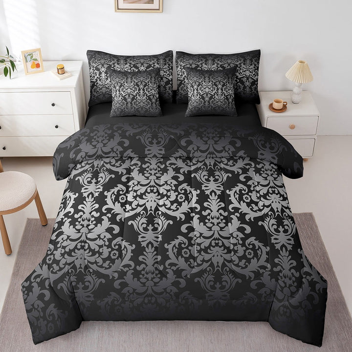 Adults Black Silver Damask Bed In A Bag 7 Piece King Antique Victorian Baroque Comforter Set With Sheets Gothic Vintage Floral Bedding Set Bohemian Exotic Reversible Black Bed Set