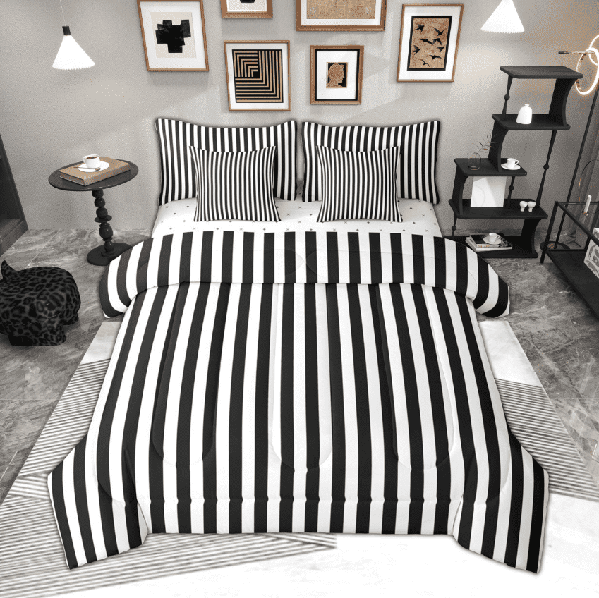 Manfei Geometric Vertical Stripe Bedding Comforter Set 7pcs, Boys White Black Full Bedding Set, Minimalist Simple Art Fitted Sheet Flat Sheet, Super Cozy Room Decor
