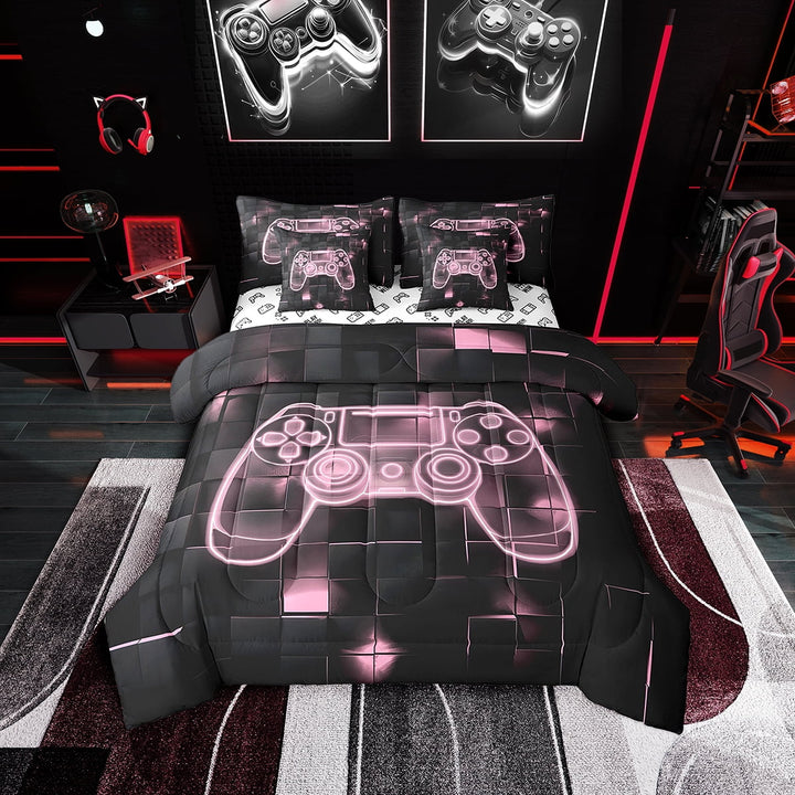 Teen Gamer Bedding Set 7 Piece Video Games Gaming Comforter Set Twin Pink Black Gamepad Bed In A Bag Neon Geometric Grid Bed Set With Comforter,Sheets Pillow Case And Covers