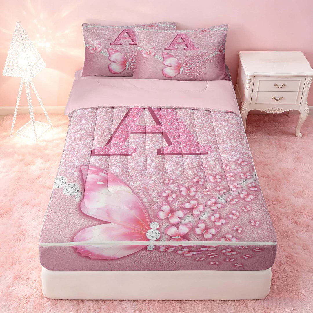 meiyoeat Pink Glitter Butterfly Monogrammed A Zipper Full Size Comforter Sets with Fitted Sheet and 2 Pillowcases for Girls, Sparkle Floral Initial Letter Zipper Bedding Set, Pink Reversible