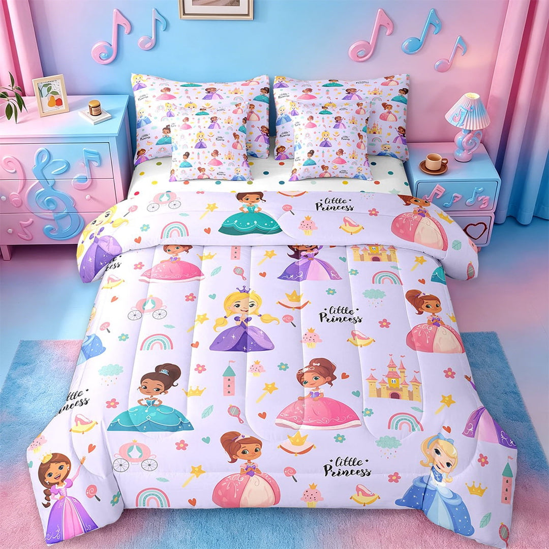 Erosebridal Magical Cartoon Princess Bed in a Bag Twin Size,Fairy Tale Castle Bed Set,Purple Rainbow Floral Bedding Twin Size,Lightweight Bedroom Decor Reversible,7 Pieces