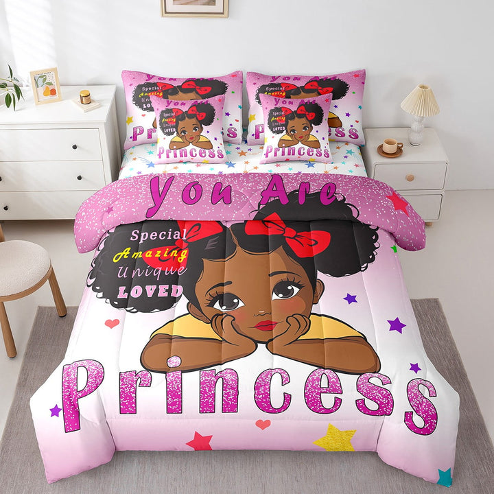 Erosebridal Black Little King Bed In A Bag 7 Pcs American African Princess Comforter Set With Sheets Cute Reversible Colorful Stars Bedding Kawaii Magical Bed Set Pink Black