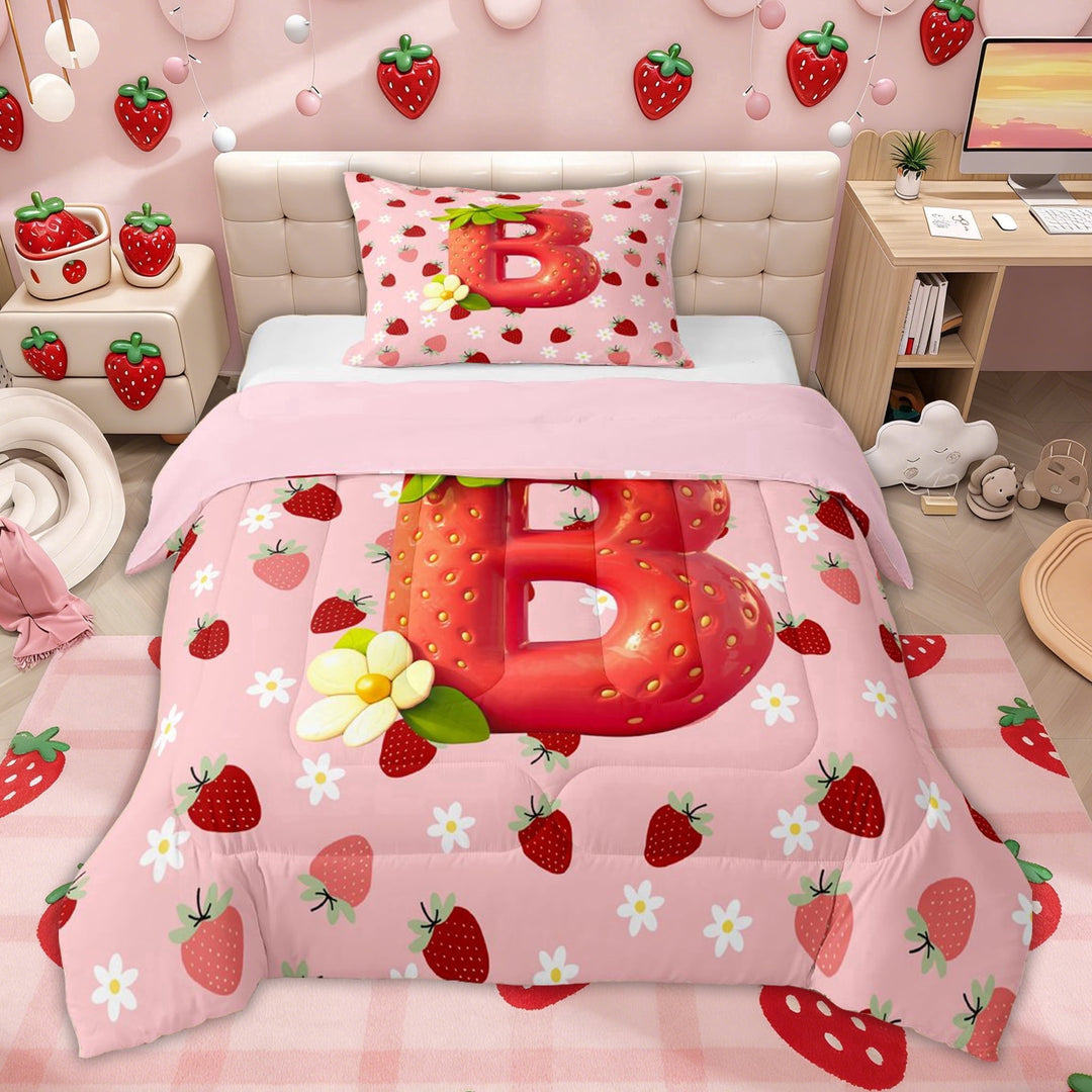 Erosebridal Pink Strawberry Kids Twin Comforter Sets, Princess Initial B Letter Bedding Set, Pink Reversible, 2-Piece