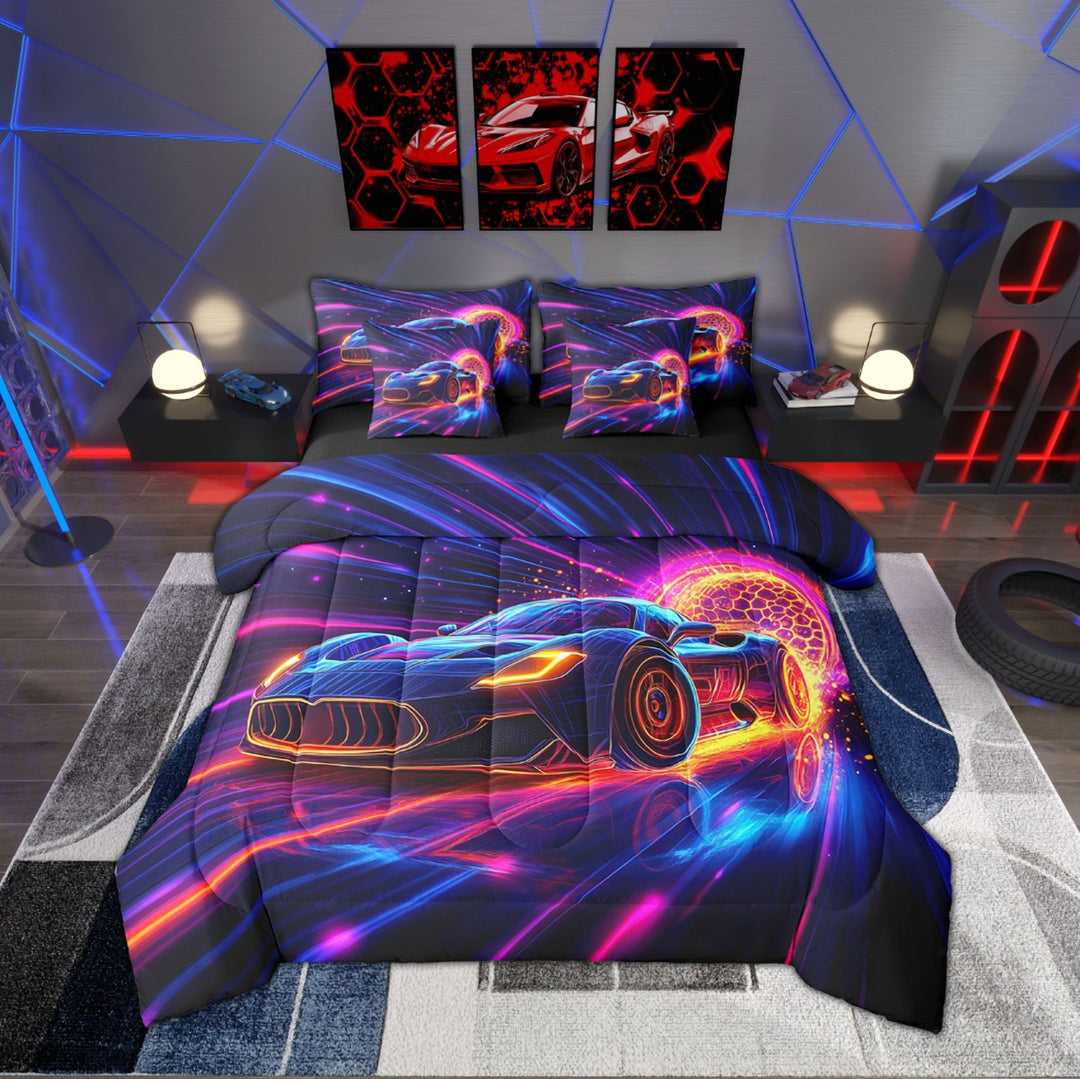 Neon Racing Car Twin Comforter Set With Sheets Cool Sports Car Bedding Set Teen Men,Honeycomb Race Car 7 Piece Bed In A Bag Geometric Racing Games Bedding Comforter Sets