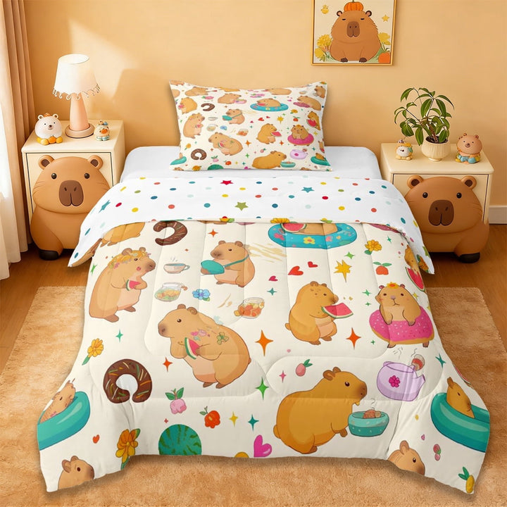 Erosebridal Cute Capybara Twin Comforter Sets For Capybara Lovers Twin Comforter Sets,Kawaii Flower Sweet Doughnut Bedding Set For Kids Girls Reversible 2pcs