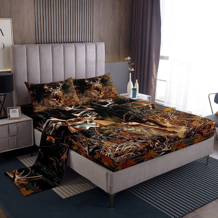 Hunting Deer Full Sheet Set Deer And Branches Bedding Set For Hunter Bedroom Decor With 2 Pillowcases,Brown Bed Sheets Set For Adult Teen Rustic Wildlife Top Fitted Sheet 4Pcs