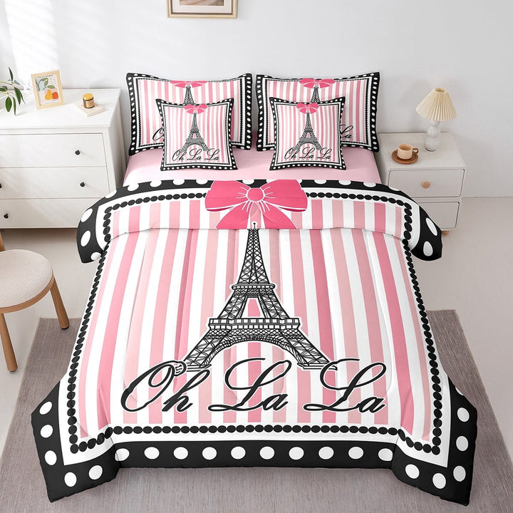Erosebridal Eiffel Tower Bed in a Bag Queen size, Pink Stripes Bed Set, Romantic Paris Reversible Bedding Queen Size, Lightweight Bedroom Decorative, 7pcs