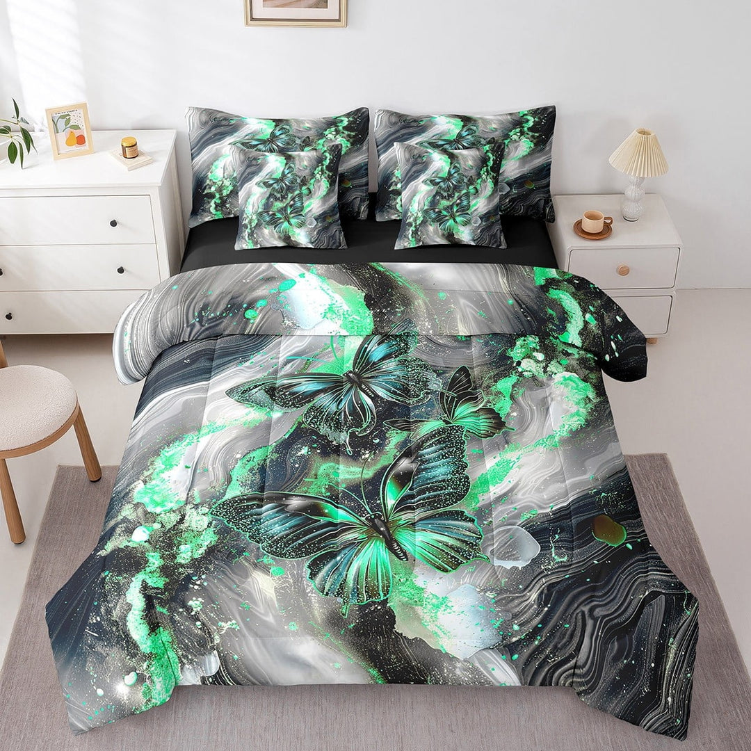 Black Marble Bed in a Bag Queen Comforter Set 7 Piece Teal Butterfly Bedding Sets,Green Marbling Sheet Set Abstract Ombre Ink Fluid Art Bed Set,Rustic Animal Butterflies Room Decor Aesthetic