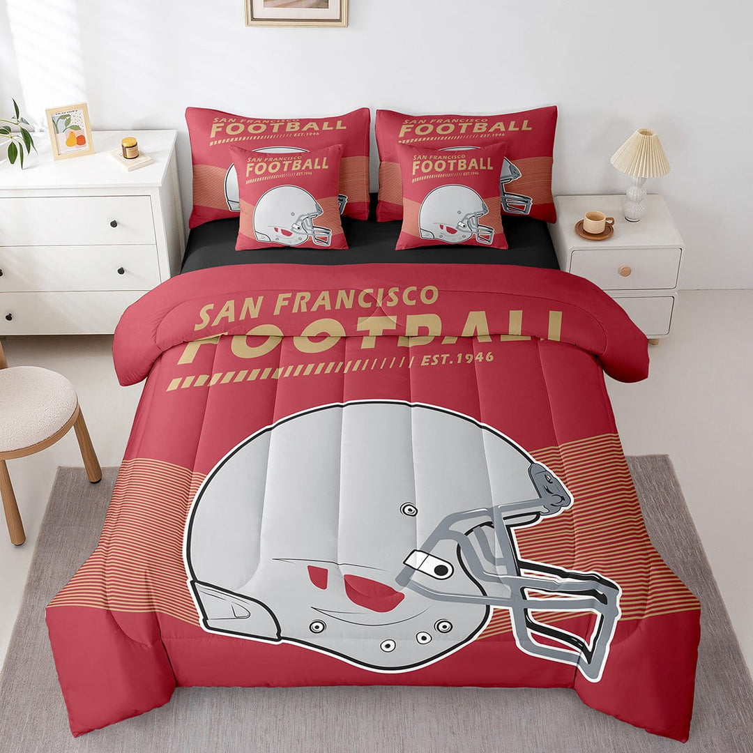 7Pcs American Football City Comforter Sets Sports Ball Game Comforter Set with Sheets King Size,San Francisco(1 Comforter, 1 Flat Sheet 1 Fitted Sheet 2 Pillowcases 2 Throw Pillow Covers)