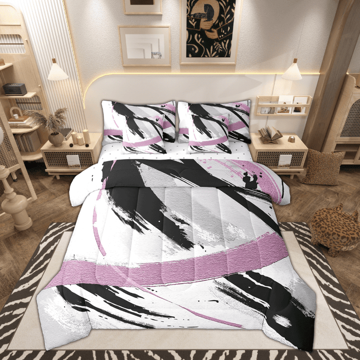 Black Grey Pink Bed in a Bag 7 Piece Brush Strokes Oil Painting Queen Bedding Sets, Gradient Abstract Vintage Comforter Set Ombre Graffiti Bedding Comforter Sets, Modern Bed Set