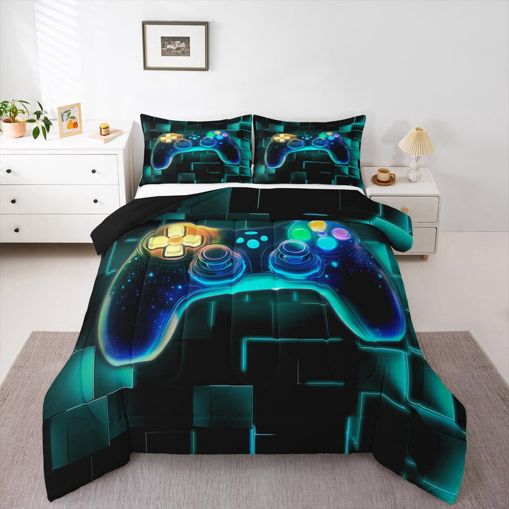 Gamer Comforter Set Twin,Gaming Bedding,Video Games Controller Gamepad Bedding Comforter Sets Neon Glowing Square Geometric Grid Bedroom Decor Duvet Insert