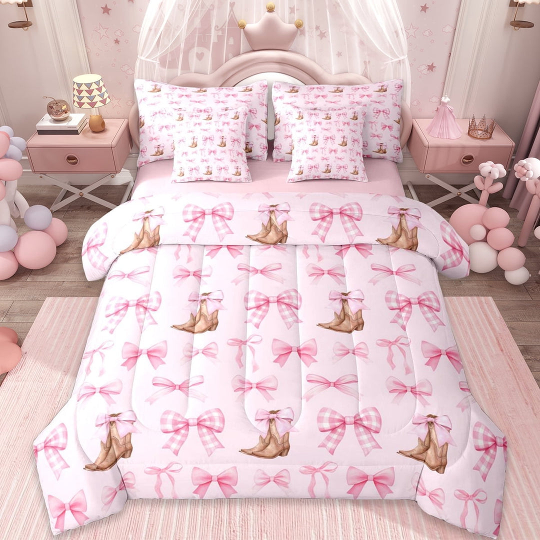 Erosebridal Cartoon Pink Bow 7-Piece Twin Bedding Sets For Bowtie Girl,Bowknot Bedding Comforter Set For Cowgirl,Reversible