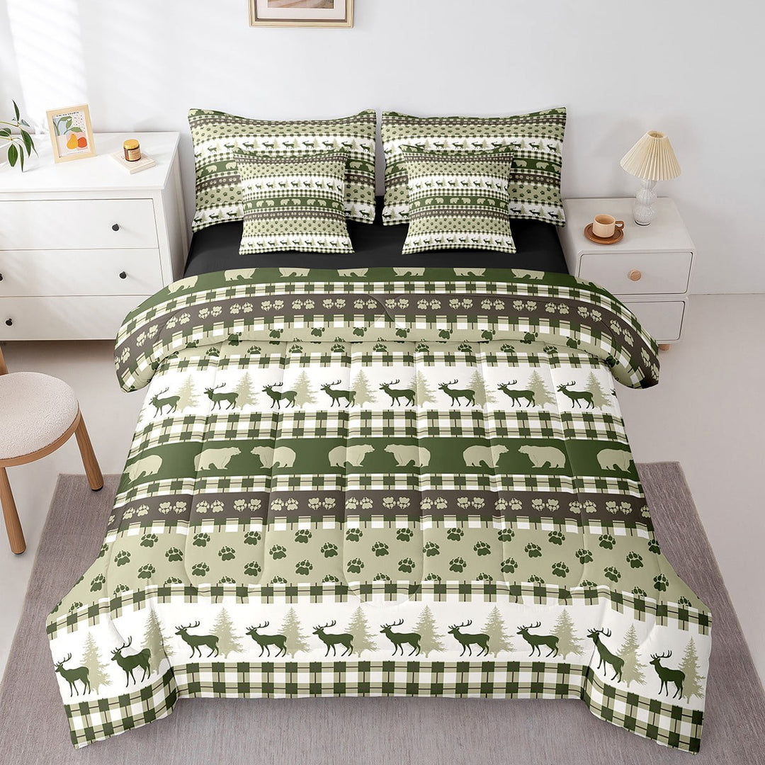 Woodland Bear Deer Full Comforter Set 7 Piece,Wildlife Safari Animal Bed in a Bag with Sheet Set,Rustic Checkered Buffalo Plaid Bed Sheets,Anlters Reindeer Moose Deer Hunting Bedding Set