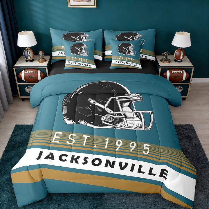 Erosebridal American Football City Bedding Twin Size,Jacksonville Print Comforter Sets with Sheets,Geometric Stripe Bedding Sets Twin Size,Luxurious Bedroom Decoration Reversible,7pcs