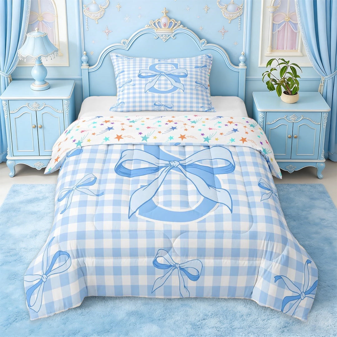 Erosebridal Blue Classic Checkered Twin Comforter Sets For Kids,3D Cartoon Letter S Initial Print Bedding Set,Colorful Stars Reversible,2pcs