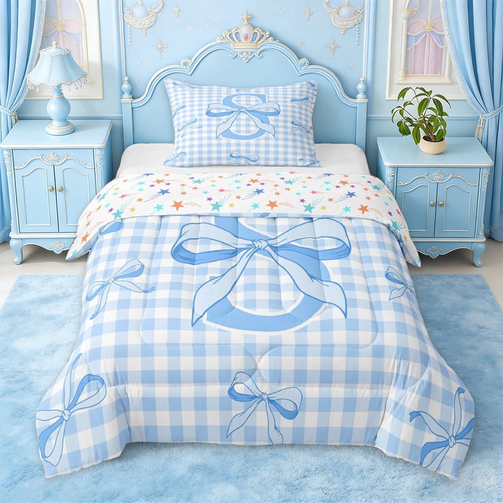 Erosebridal Blue Classic Checkered Twin Comforter Sets For Kids,3D Cartoon Letter S Initial Print Bedding Set,Colorful Stars Reversible,2pcs