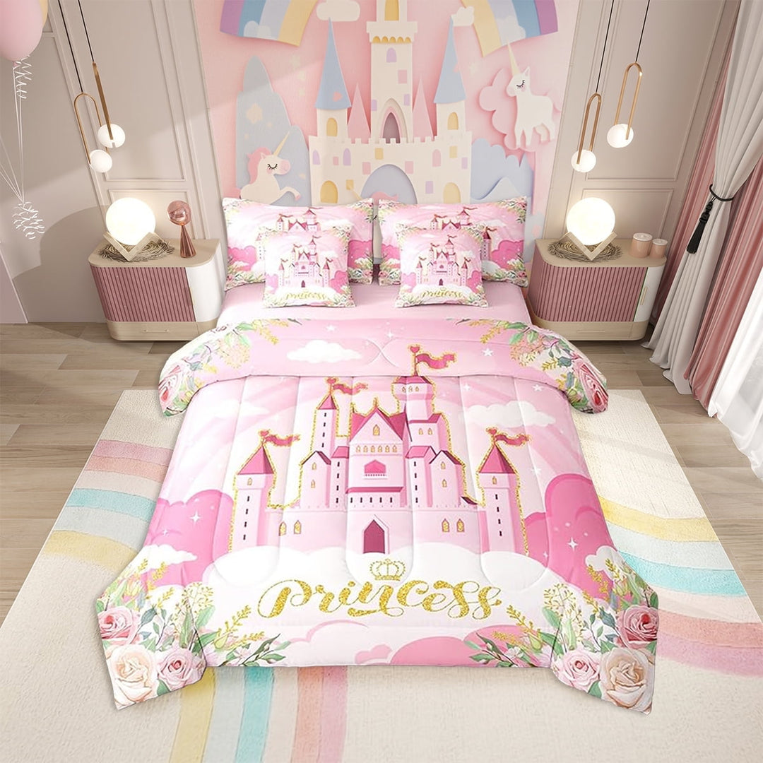 Erosebridal Pink Girls Comforter Set 7 Pieces for Girls, Cartoon Castle Pink Bed Set,Dreamy Fairy Tale Bedding Soft Microfiber Princess Comforter Set Full Size, Pink Reversible